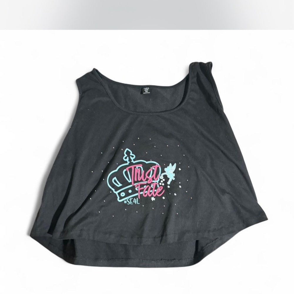 Black Cropped Tank with Pink & Teal 'Trust Fate' Graphic #se4l